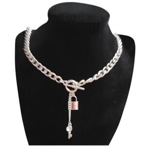 Chunky silver tone lock and key lariat y shape necklace
